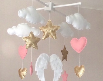 Baby mobile - Baby girl mobile - Cot mobile - Angel wings, clouds, hearts and stars mobile - Cloud Mobile - Nursery Decor - gold and pink.