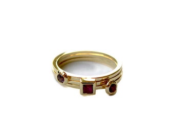 Red Gemstones Stacking Rings Set 14k Gold Bezel Ring Set with
