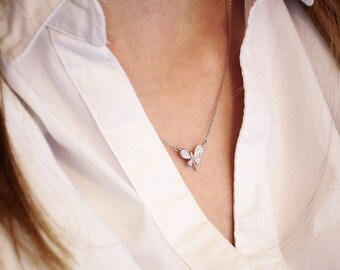 White Gold Butterfly Necklace Diamond Butterfly Necklace White Gold Necklace 18K Solid Gold Necklace Delicate Butterfly Bloom Jewellery