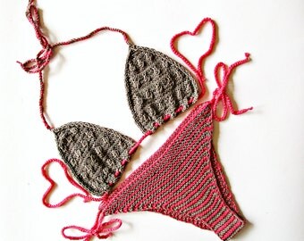 Triangle swimwear Striped knit bikini Triangle knit bikini Crochet bikini set Red crochet bikini Sexy swimwear Exotic dancer Cheeky bikini