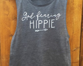 SALE: God Fearing Hippie Muscle Tank Top // Dark Grey Flowy Hippie Tank Top // Bohemian Tank Top // Hippie Tank // Believer Tee