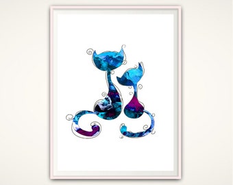 Cat Lover Gift - Cat Art Print - Blue Watercolor Cat Wall Art INSTANT Download Printable Cat Art Poster Wall Decor Cat Print PDF Unique Gift
