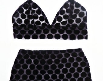 Polka Dot Velvet Lingerie Set, Polka Dot Velvet and Sheer Waisted panties,Polka dot bralette, Velvet lingerie, velvet bra, polka dot panties
