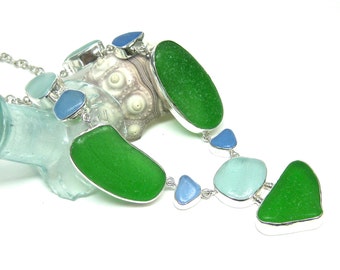 Green-Cornflower-Aqua Statement Sea Glass Necklace | Sea Glass Statement Necklace | Large Sea Glass Necklace | Sea Glass | Beach Glass |