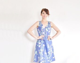 lace up front floral dress . dirndl flower garden summer frock .medium.large .sale