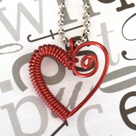 Items similar to Coiled Wire Heart Necklace Red Wire Pendant Heart