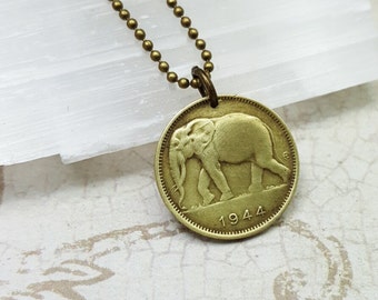 Coin necklace. Elephant necklace. Antique Elephant 1 franc coin. Rare coin. Elephant jewelry. African elephant. collectible coin or pendant