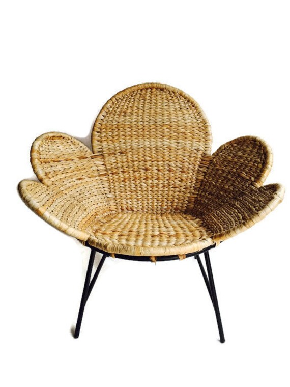 Vintage Woven Rattan Flower Chair Bohemian Decor Desk Accent