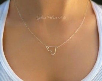Tiny Heart Necklace - Silver Heart Necklace - Small Sideways Heart Necklace - Sterling Gold Heart Necklace - Rose Gold Petite Necklace Gift