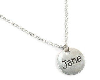 Sterling silver round name plate. Silver name necklace. Personalized name necklace. Bridesmaids gift. Name necklace. Personalized jewelry