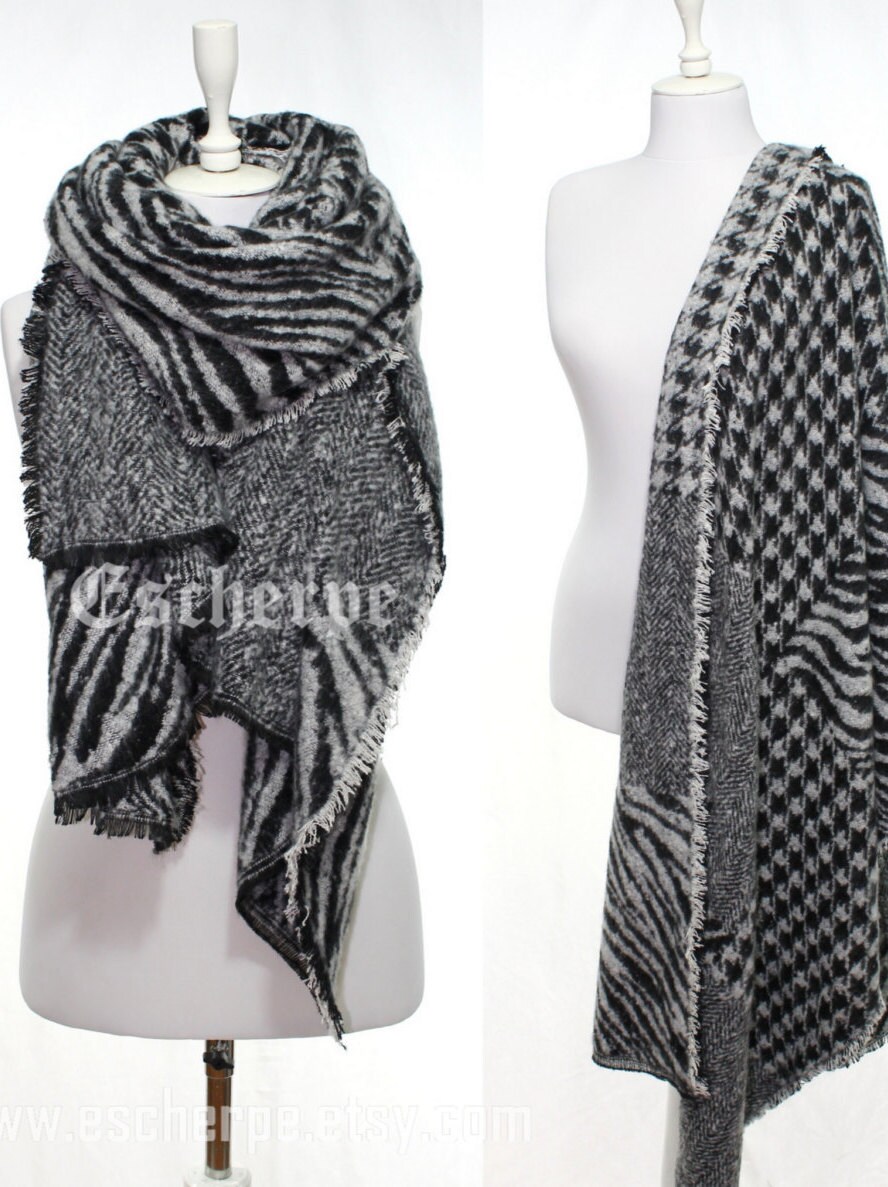 Blanket Scarf Oversized Black White Houndstooth by escherpe
