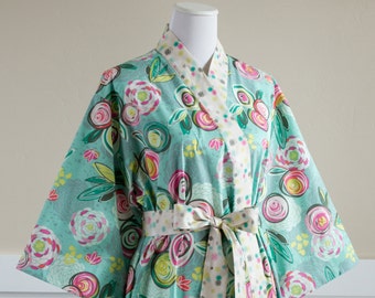 Maternity Robe Kimono Hospital Gown with pockets • XS - Plus Sizes 3xl • Pregnancy Robe • Nursing • Short / Long • Cotton CP Green Aqua Pink