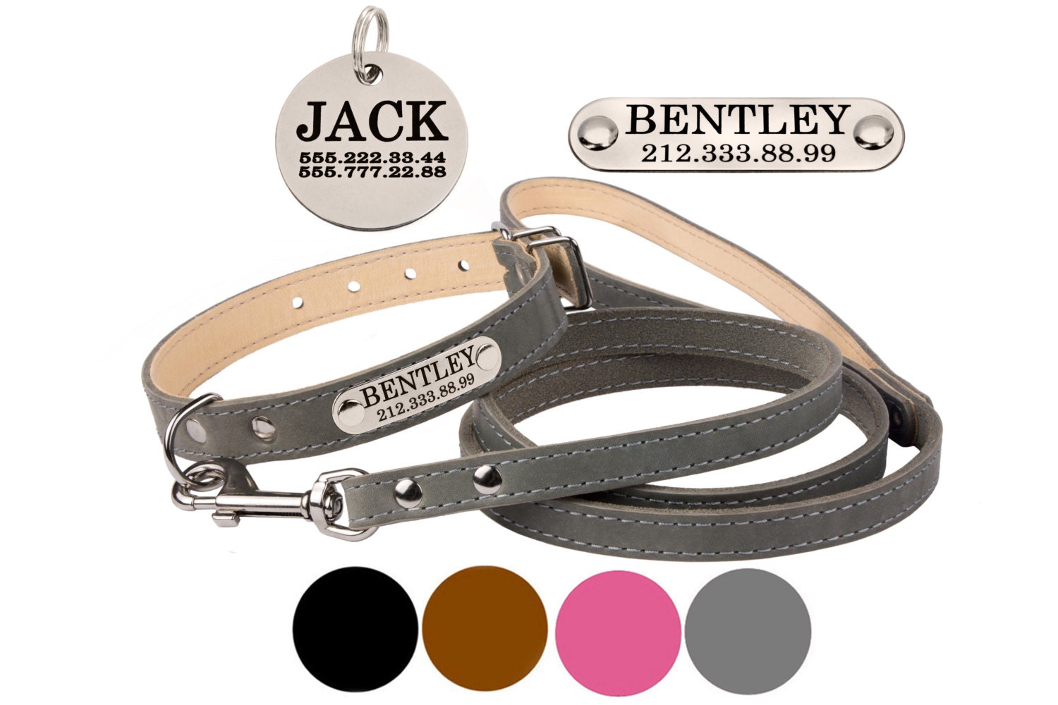 Personalized Leather Dog Collar Leash Set Pink Gray Brown