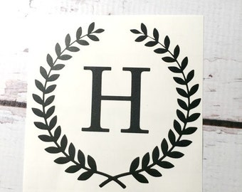 Single Initial Wheat Wreath Monogram Vinyl Decal Laurel Border Small Initial Sticker Vinyl Letter