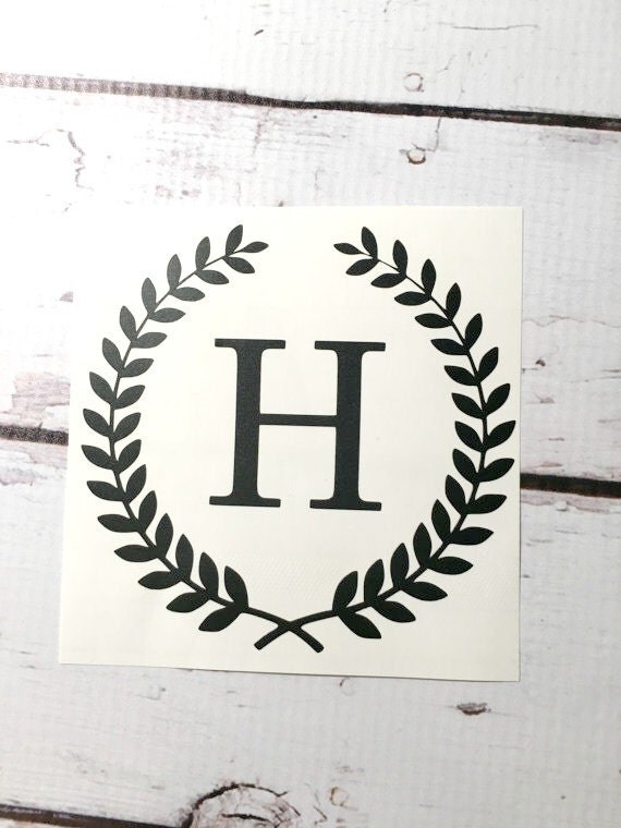 Single Initial Wheat Wreath Monogram Vinyl Decal Laurel Border