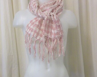 VINTAGE Open Weave Pink & White Check Neck Scarf, Muffler with Fringed Ends