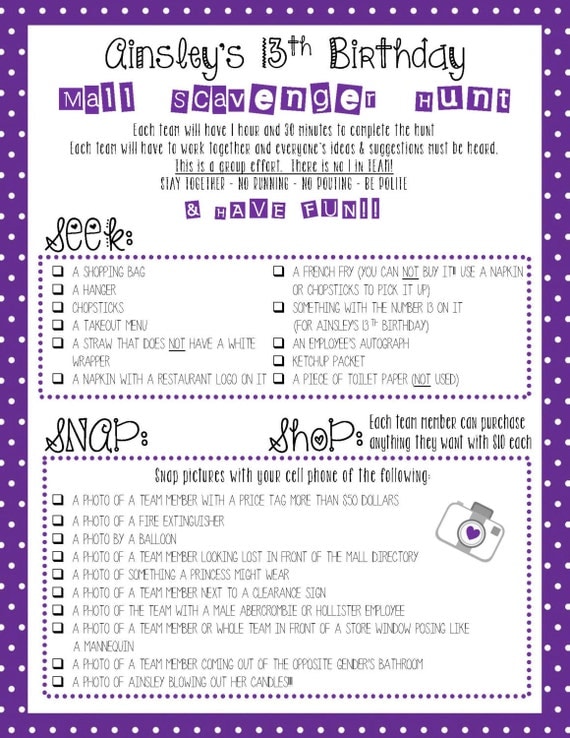 Mall Scavenger Hunt List by SimplyMELvelous on Etsy