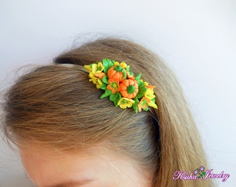 Headband pumpkin handmade polymer clay Yellow orange hair accessory Cute Pumpkin Headband Autumn Harvest Hair Band Halloween pumpkin Gift