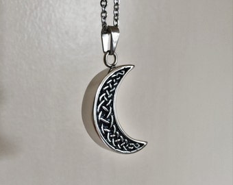 Cremation Jewelry // Silver & Black Stainless Steel Celtic Vintage Style Moon Cremation Pendant Ash Necklace // Keepsake Urn Necklace 8226