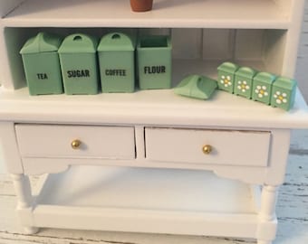 Miniature Jadite Look Canister Set, Dollhouse Miniature, 1:12 Scale, Includes 4 Canisters with Removable Lids and Spice Jars