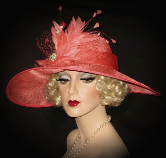 CLASSIC CORAL & PEARLS Kentucky Derby Hat Salmon Wide Brim