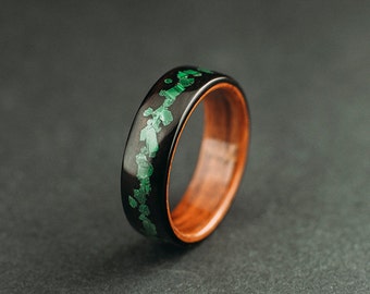 Ebony bentwood ring, makassar ebony wood ring, lined with santos rosewood and malachite inlay