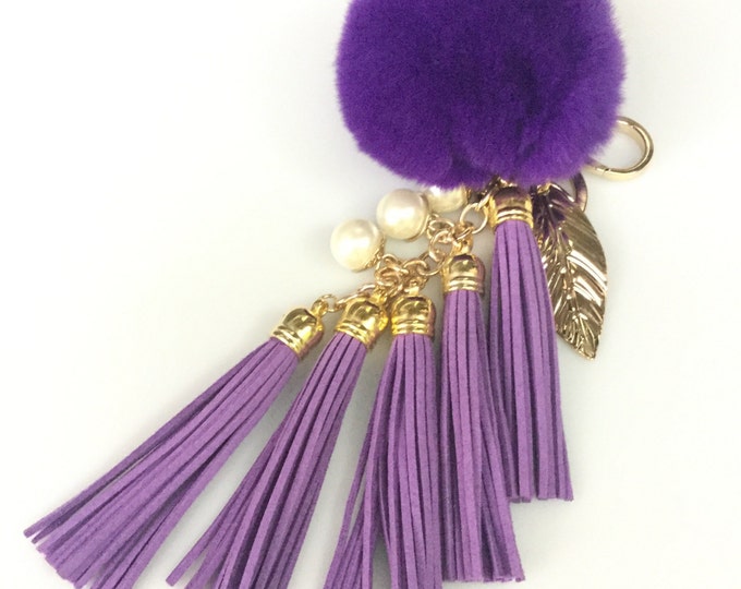 Fur Pom Pom "Purple Queen" charm ball pompon bag charm tassel keychain with tassel elements charms