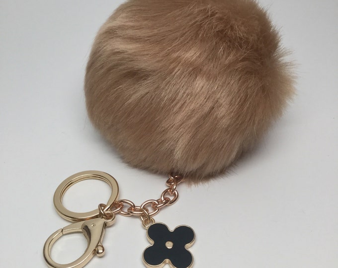 Beige Faux Rabbit Fur Pom Pom bag Keyring keychain fake ball puff