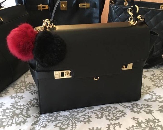 Black Cute Genuine Leather Rabbit fur pom pom keychain for car key ring Bag Charm