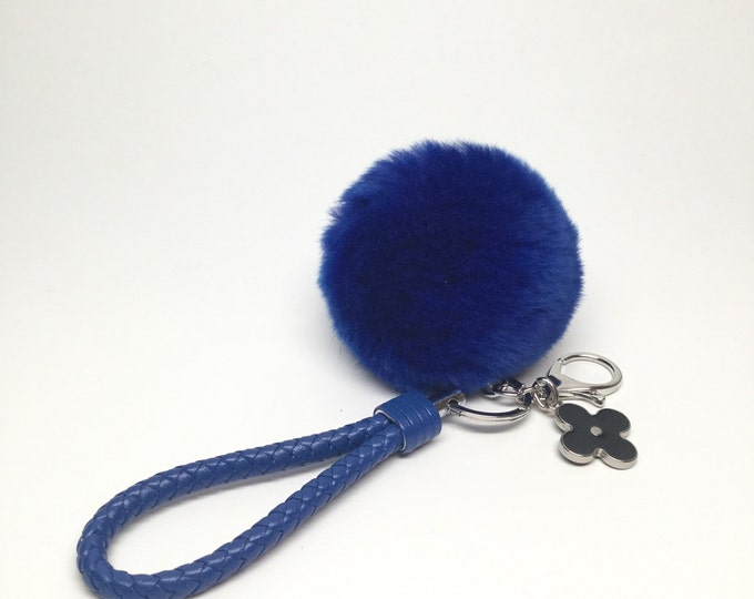 Car keychain fur pom pom puff ball bag rabbit key chain charm in Royal Blue