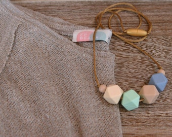 Silicone Teething Necklace Silicone Nursing Necklace - Serenity Blue, Gold Cord, Compliant, BPA Free, Non Toxic