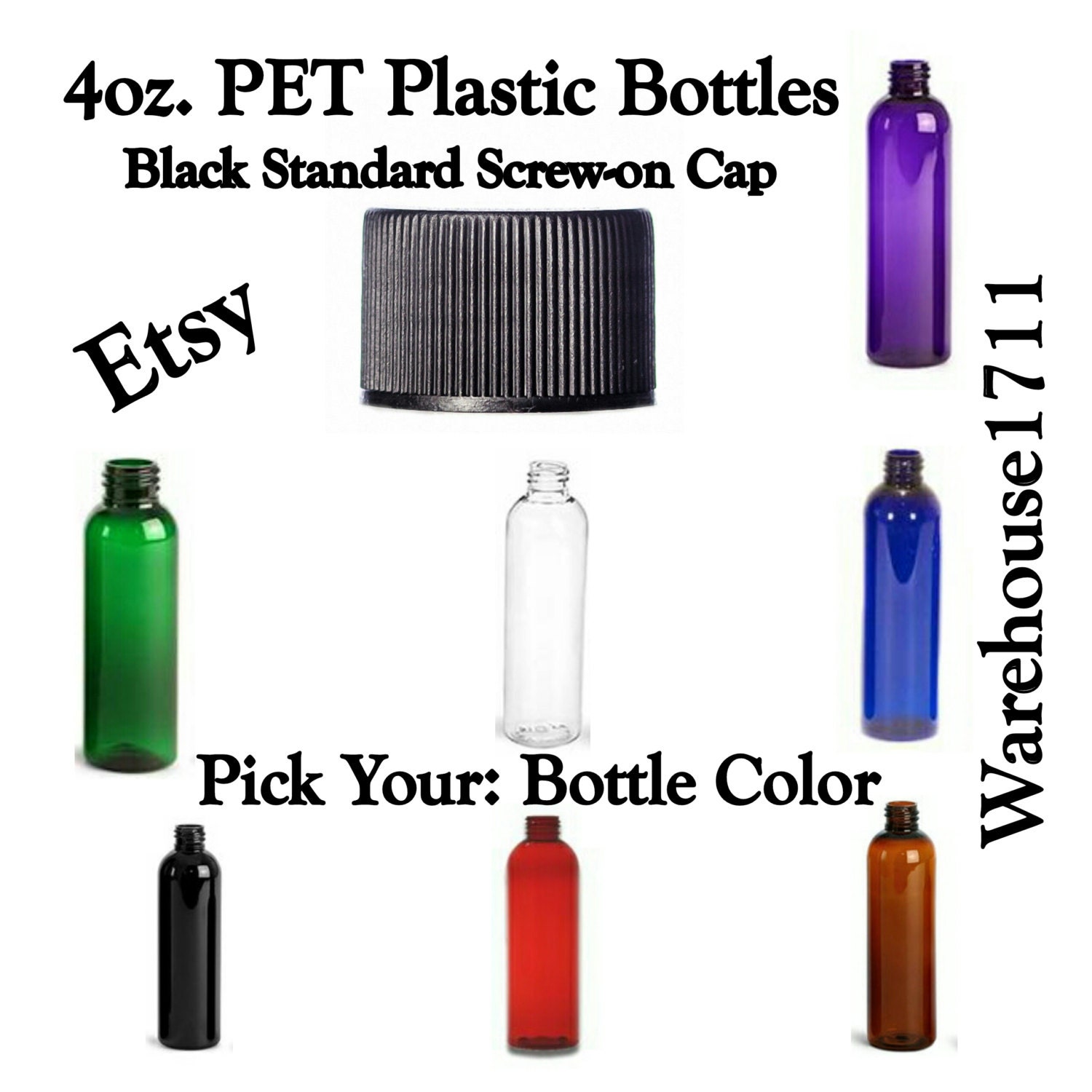 4oz. Boston Round Plastic Bottles BLACK Standard Screw-On