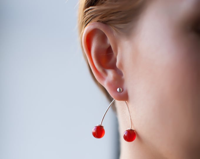 Mono earring red agate earring Silver long earring Gold earring Fashion Cherry earring Gift for her Fine jewelry Gift idea