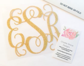 Gold Glitter Monogram Decal, Adhesive Glitter Monogram, Glitter Monogram Sticker, Monogram Decal, Glitter Adhesive Vinyl