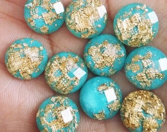 Aqua 12mm Gold leaf faceted resin cabochons -10pcs (G7:12-671)