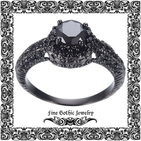 Unique Engagement Ring | Steampunk Engagement Ring | Black Diamond Cz Halo Black Gold Filled Ring | Size 6 7 8 9 10 #113-Bk by FineGothicJewelry steampunk buy now online