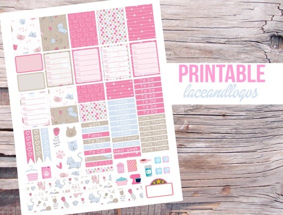printable planner stickers happy kitty weekly set blue pink