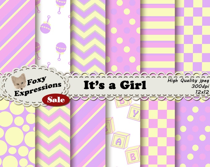 Baby Girl Digital Paper with baby blocks stripes, rattle polka dots, chevron etc in pink, purple and yellow for personal and commercial use