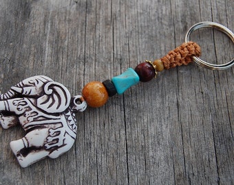 Elephant Keychain, Gemstone Bead,Gemstone Stone Keyring , Macrame Friendship, Hemp Keychain, Handmade Keychain,Good Luck