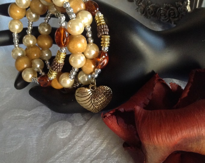 Pearl\Wood Wrap Bracelet...with Heart Charm