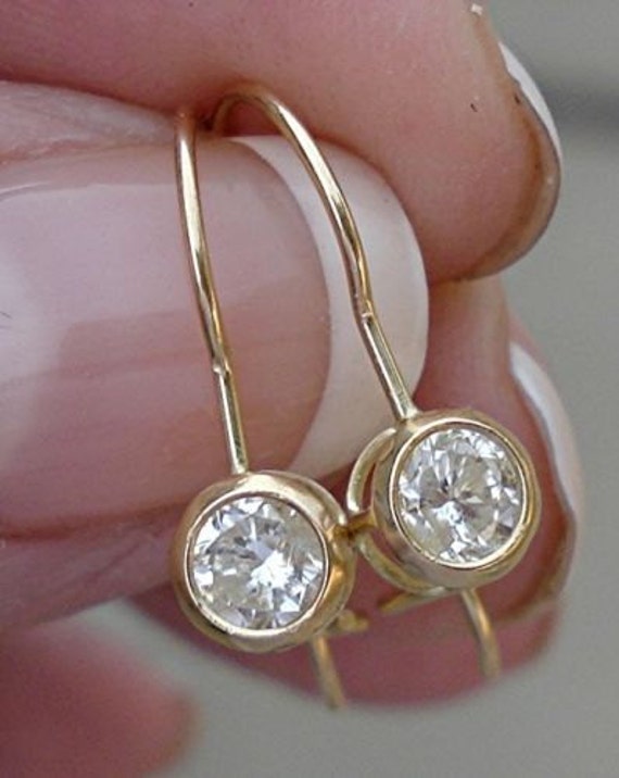 Items similar to Yellow Gold Bezel Diamond Earrings - Dangle Solitaire ...