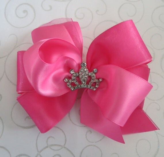 Hot Pink Princess crown tiara hair bow rhinestone Satin