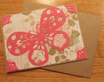 Butterfly Notecard, Pink, Photo Corners, Floral Print, Blank Notecard, Handmade, Delicate Butterfly, Green, Kraft Paper, All Occasion, Note