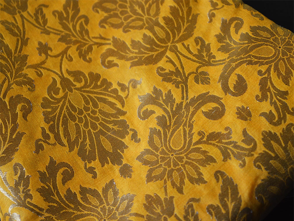 Silk Brocade Fabric in Yellow and Gold with Motifs Weaving