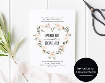 Boho Wedding Invitation Template, Floral Wedding Invitation Printable, Spring Wedding, Wedding Invite, DIY, PDF Instant Download #BPB321_1