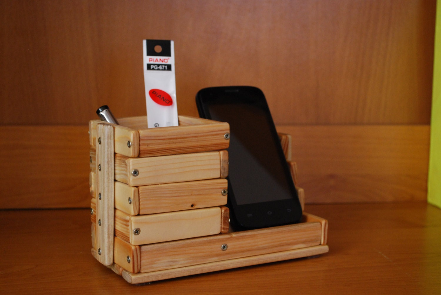 wooden pen holder phone
