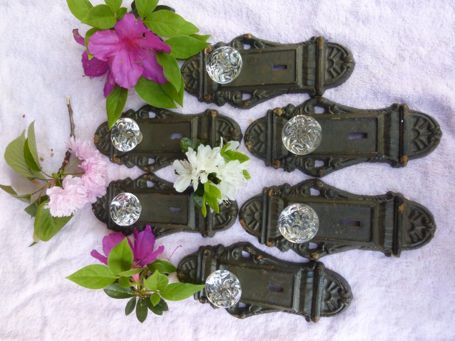 SIX Cast Iron decorative door plates/acrylic glass knobs