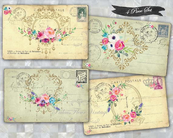Antique Victorian French Floral Postcards Note Paper Cards