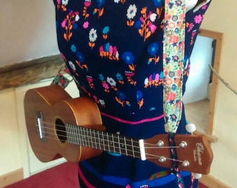 Handmade, adjustable, fabric ukulele strap with buttonhole and ribbon fastenings