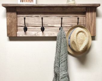Rustic Wooden Entryway Walnut Coat Rack, Rustic Wooden Shelf, Entryway Rack, Coat Rack, Rustic Home Decor, Rustic Furniture, Floating Shelf
